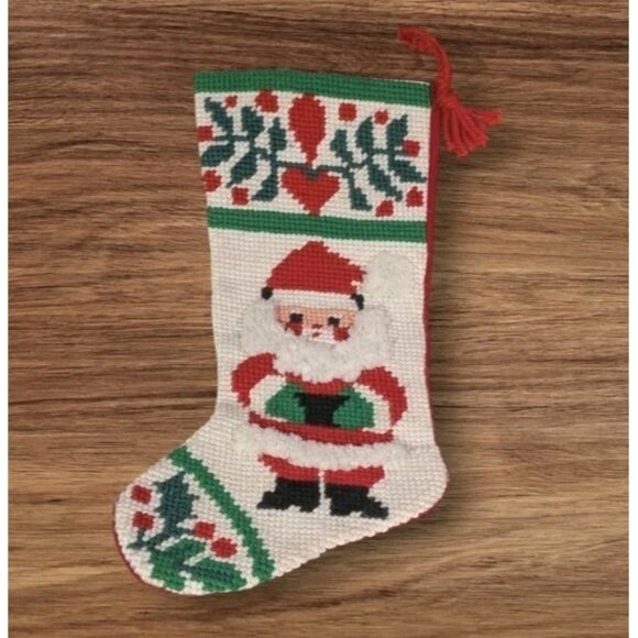 Bernat Needlepoint Stocking Santas Whiskers Handmade Christmas Claus  17" Vtg - Picture 1 of 12